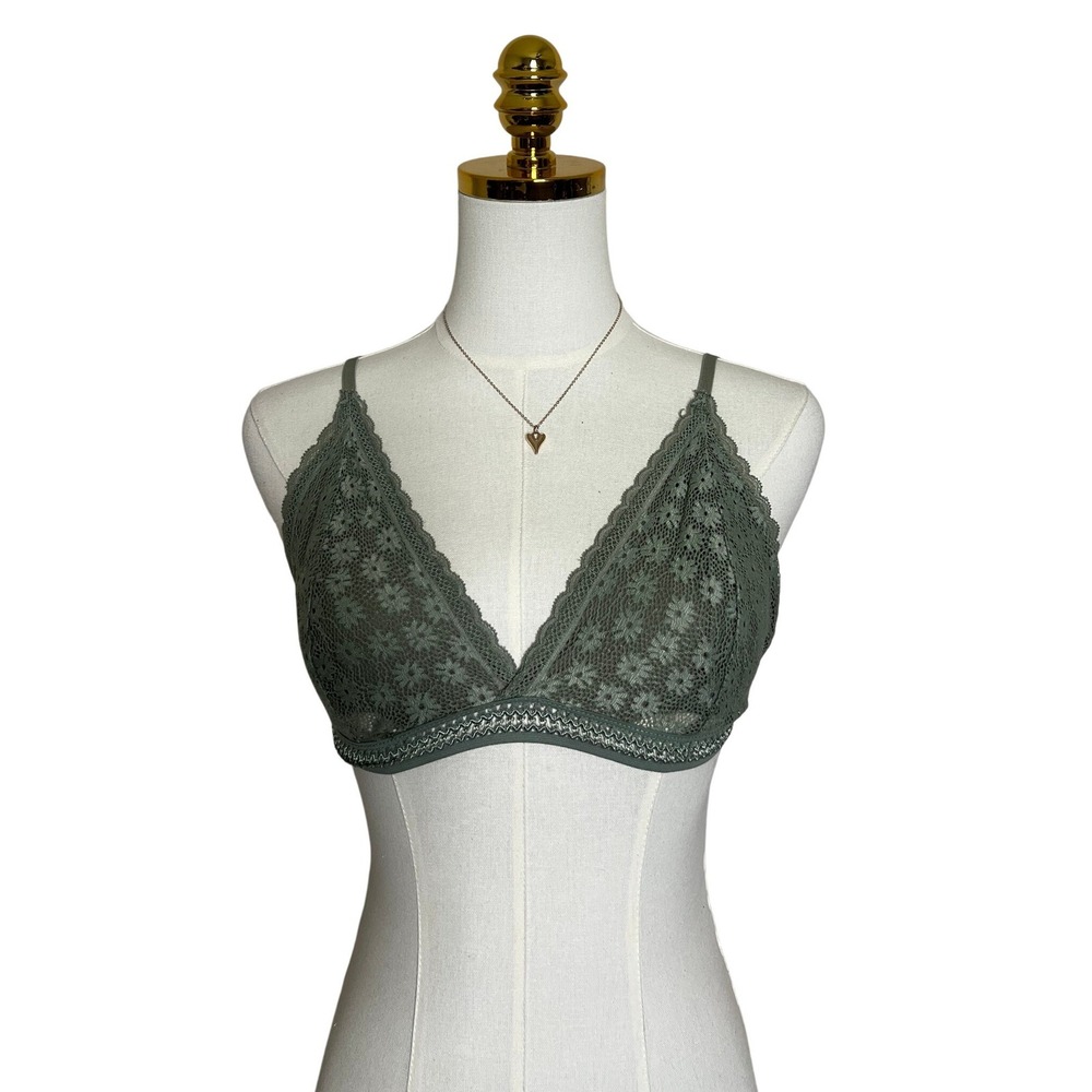 Sage Green Floral Lace Triangle Bralette with Silver Metallic Trim Detail